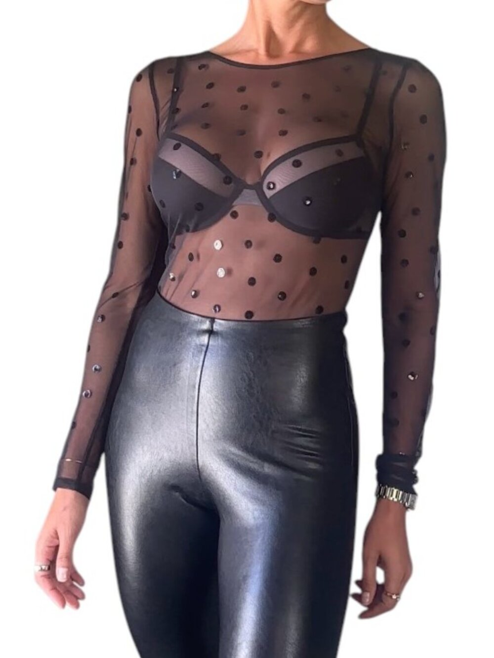 Victoria's Secret Black Sheer Mesh Bodysuit Long Sleeve Polka Dot Sequin Size S